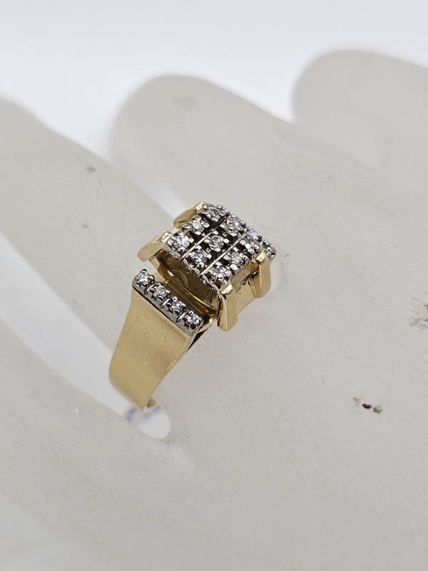 18ct Yellow Gold Diamond Heavy and Unusual High Set Square Cluster Ring - Antique / Vintage