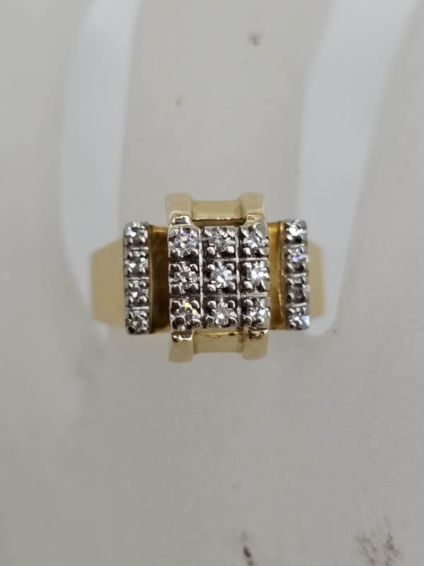 18ct Yellow Gold Diamond Heavy and Unusual High Set Square Cluster Ring - Antique / Vintage