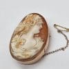9ct Yellow Gold Cameo Large Very Ornate Ladies Head Brooch with Grape Leaf Design - Antique / Vintage