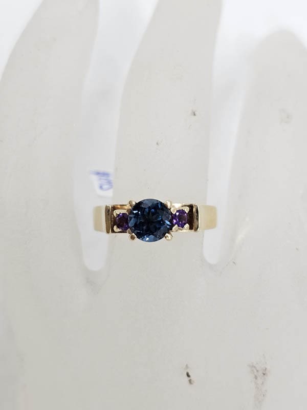 9ct Yellow Gold High Claw Set Blue Topaz and Amethyst Ring - Antique / Vintage