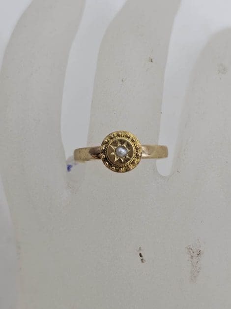 15ct Yellow Gold Seed Pearl Round Ornate Ring - Antique / Vintage