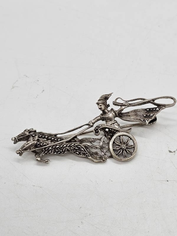 Sterling Silver Marcasite Man / Wizard on Horses Chariot Brooch - Antique / Vintage