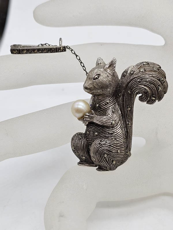 Sterling Silver Marcasite Squirrel with Pearl Brooch - Antique / Vintage
