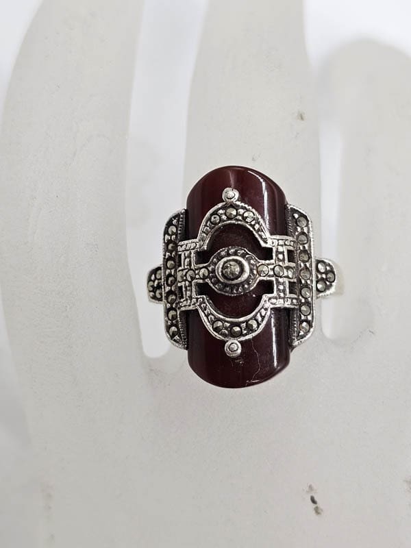 Sterling Silver Marcasite and Carnelian Ornate Art Deco Style Rings