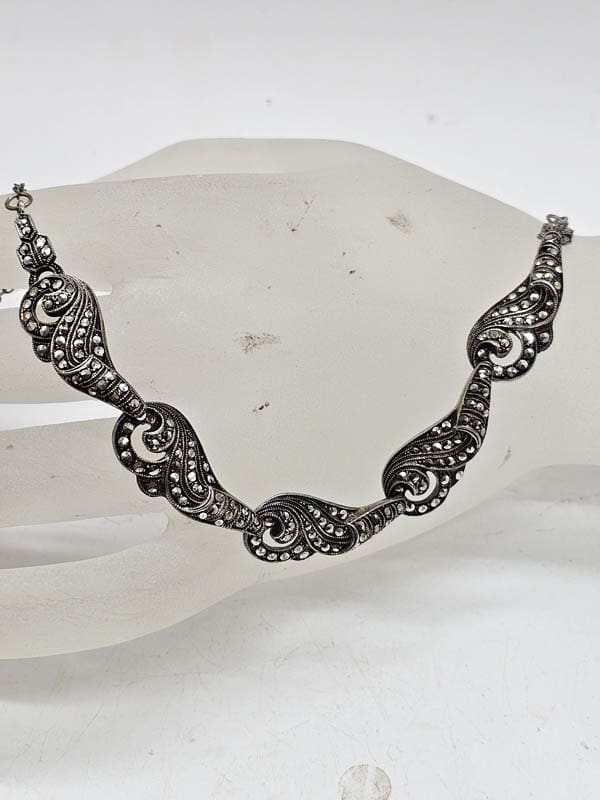 Sterling Silver Marcasite Ornate Design Curved Art Deco Link Collier / Necklace - Antique / Vintage Sterling Silver Marcasite Ornate Design Curved Art Deco Link Collier / Necklace - Antique / Vintage