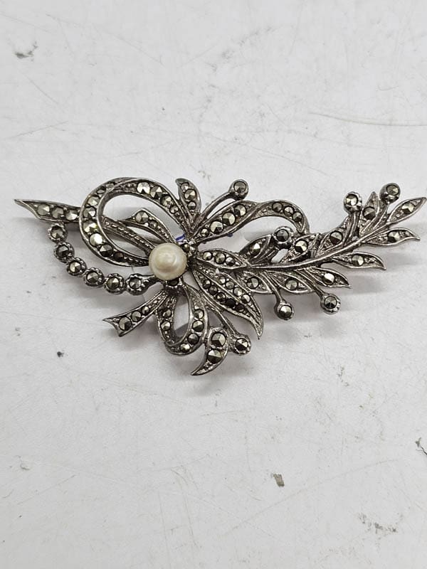 Sterling Silver Marcasite and Pearl Ornate Brooch - Vintage / Antique