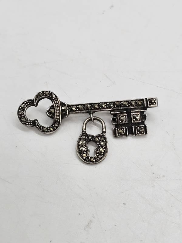 Sterling Silver Marcasite 21st Key with Padlock Drop Brooch - Antique / Vintage