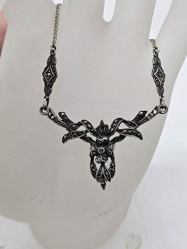 Sterling Silver Marcasite Floral Ornate Design Necklace - Antique / Vintage