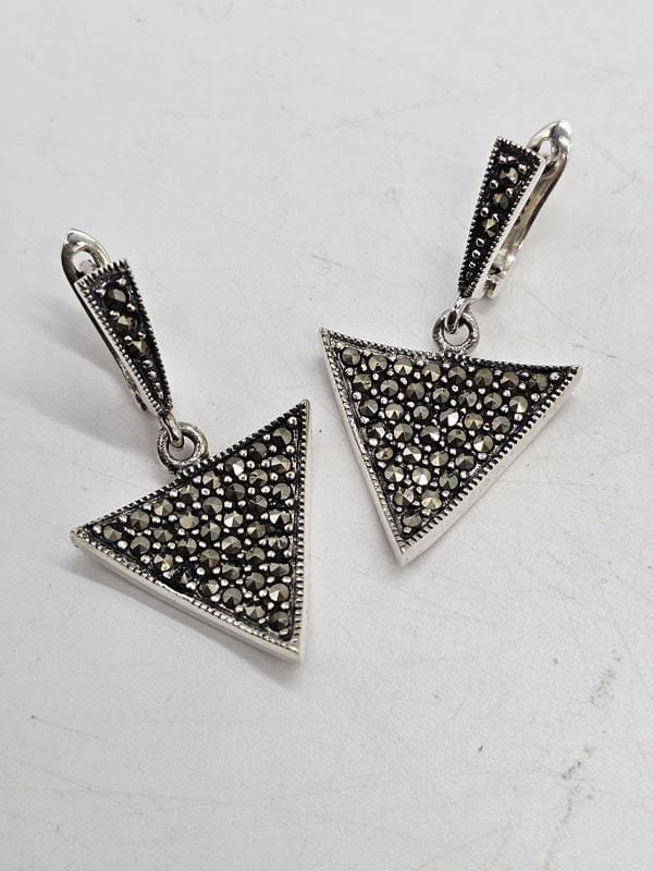 Sterling Silver Marcasite Triangle Shaped Long Drop Earrings