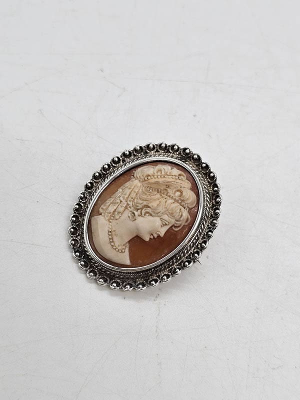 Sterling Silver Ornate Oval Ladies Head Cameo Brooch - Antique / Vintage