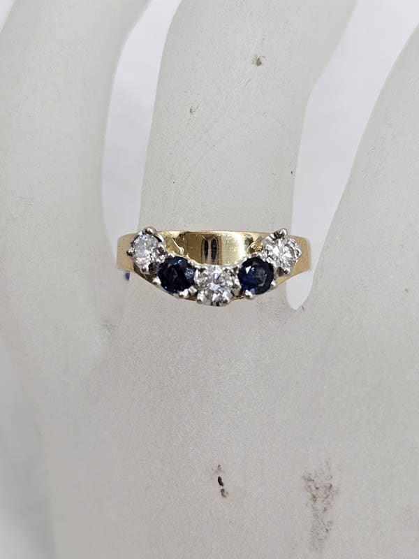 18ct Yellow Gold 2 Sapphire and 3 Diamond Half Round Eternity / Wedding Ring - Antique / Vintage