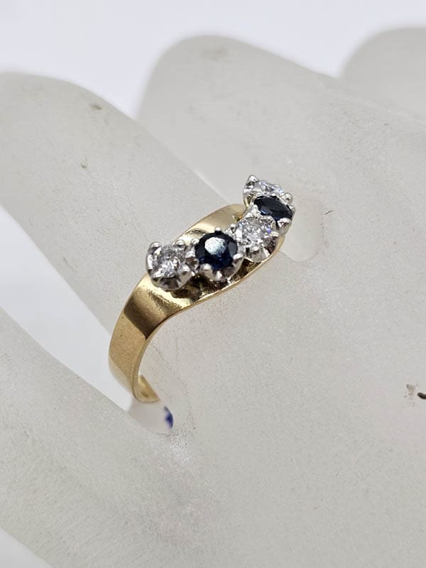 18ct Yellow Gold 2 Sapphire and 3 Diamond Half Round Eternity / Wedding Ring - Antique / Vintage