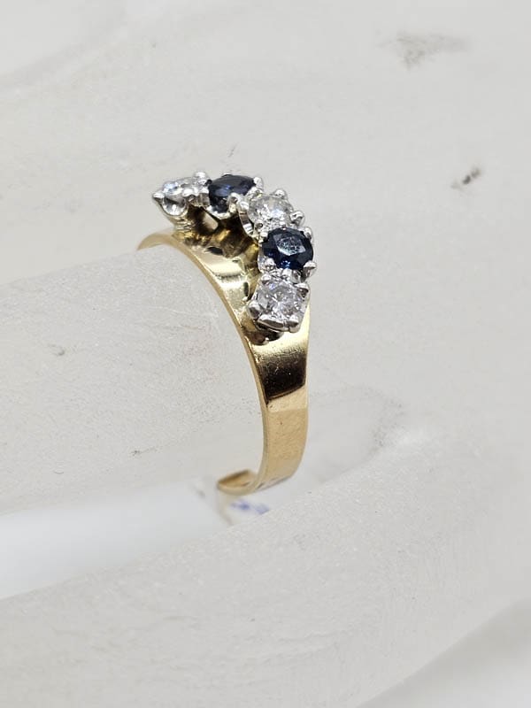 18ct Yellow Gold 2 Sapphire and 3 Diamond Half Round Eternity / Wedding Ring - Antique / Vintage