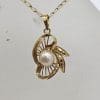 9ct Yellow Gold Pearl in Gold Design Pendant with Gold Chain - Vintage