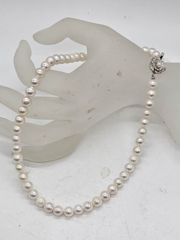 Sterling Silver Floral Clasp Pearl Strand Necklace / Chain - Antique / Vintage