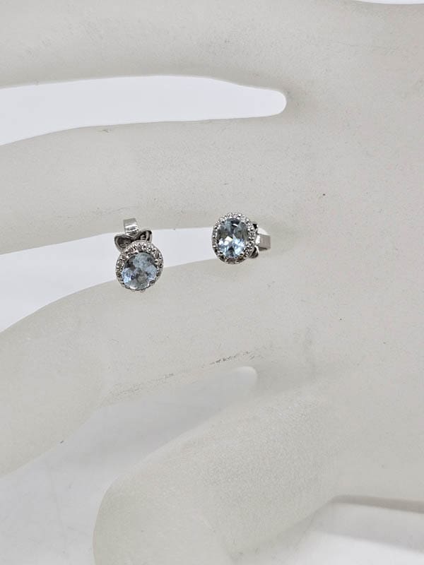 9ct White Gold Aquamarine and Diamond Oval Cluster Studs Earrings