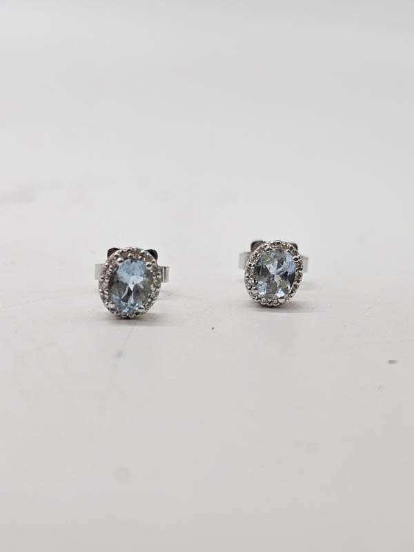 9ct White Gold Aquamarine and Diamond Oval Cluster Studs Earrings