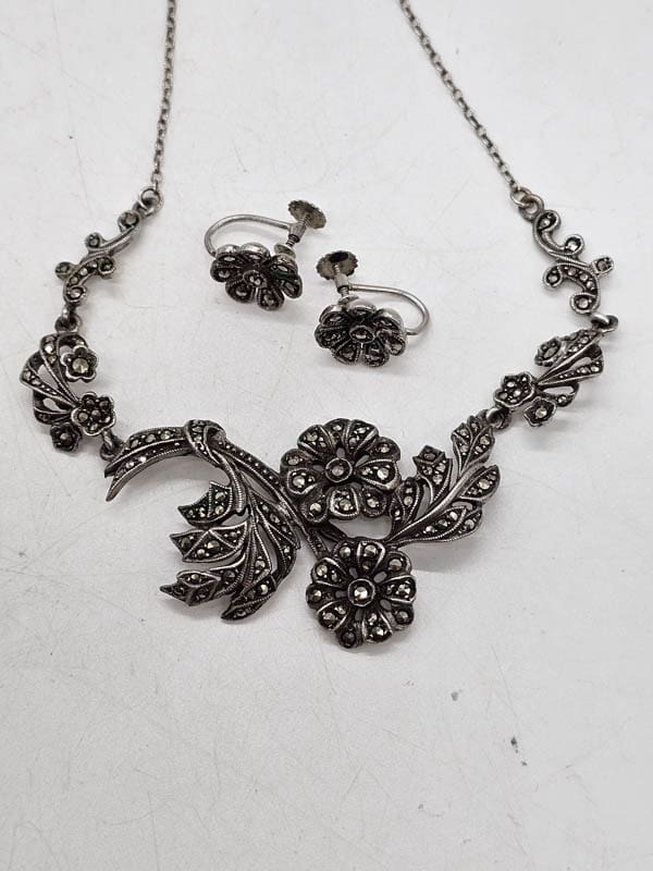 Sterling Silver Marcasite Floral Ornate Flower Design Necklace and Earring Set - Antique / Vintage