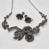 Sterling Silver Marcasite Floral Ornate Flower Design Necklace and Earring Set - Antique / Vintage