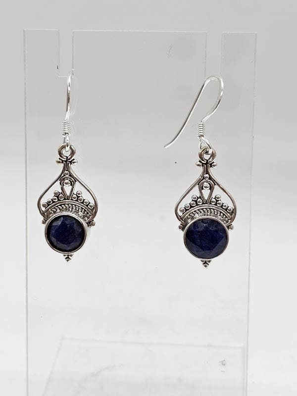 Sterling Silver Sapphire Round Ornate Filigree Drop Earrings