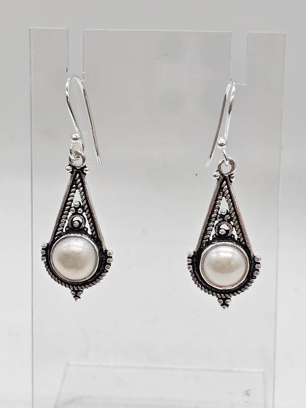 Sterling Silver Pearl Ornate Filigree Drop Earrings