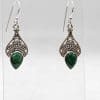 Sterling Silver Emerald Teardrop / Pear Shaped Ornate Bezel Set Drop Earrings