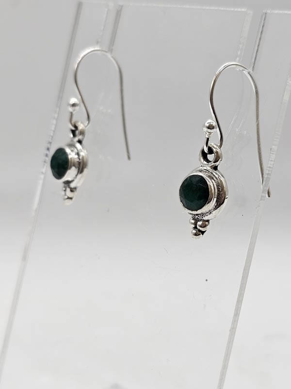 Sterling Silver Emerald Dainty Round Bezel Set Drop Earrings