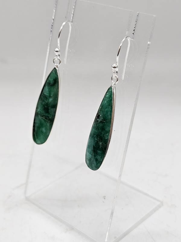 Sterling Silver Emerald Teardrop / Pear Shaped Long Bezel Set Drop Earrings
