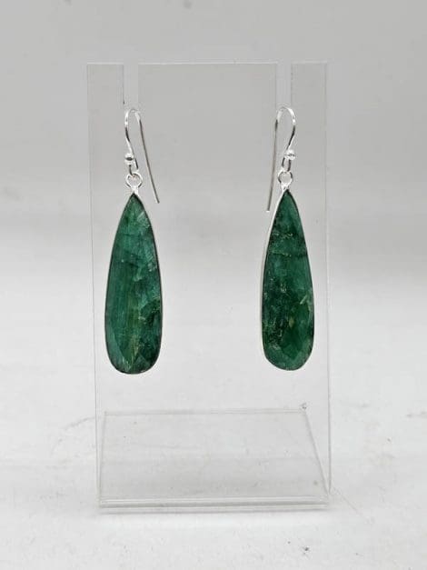 Sterling Silver Emerald Teardrop / Pear Shaped Lung Bezel Set Drop Earrings