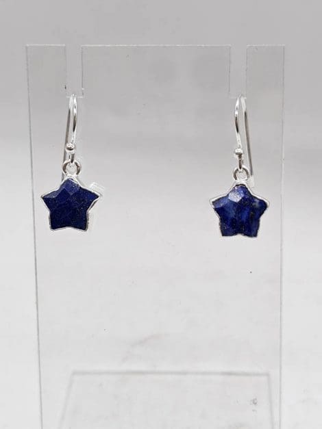 Sterling Silver Lapis Lazuli Carved Star Bezel Set Drop Earrings