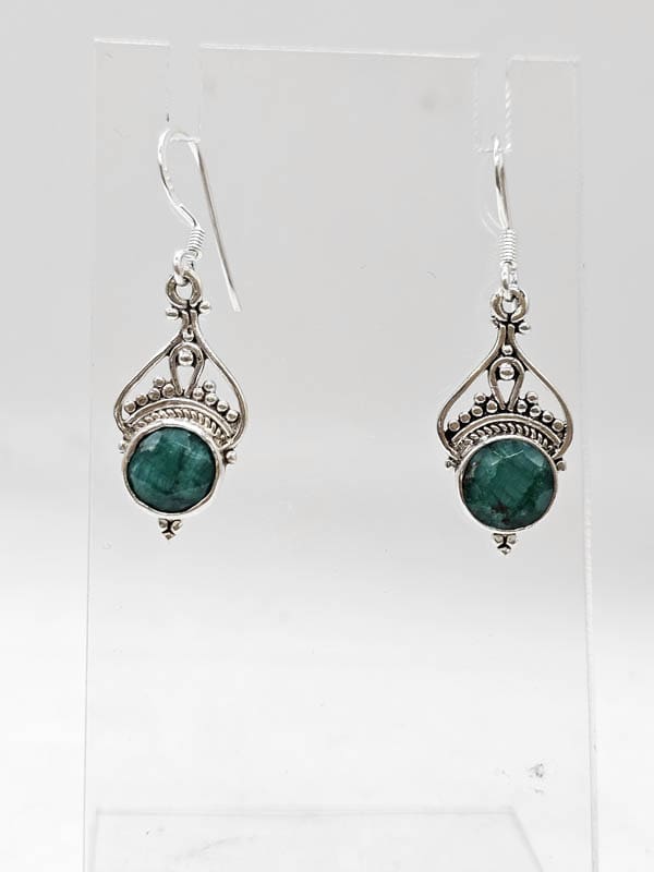 Sterling Silver Emerald Round Ornate Bezel Set Drop Earrings