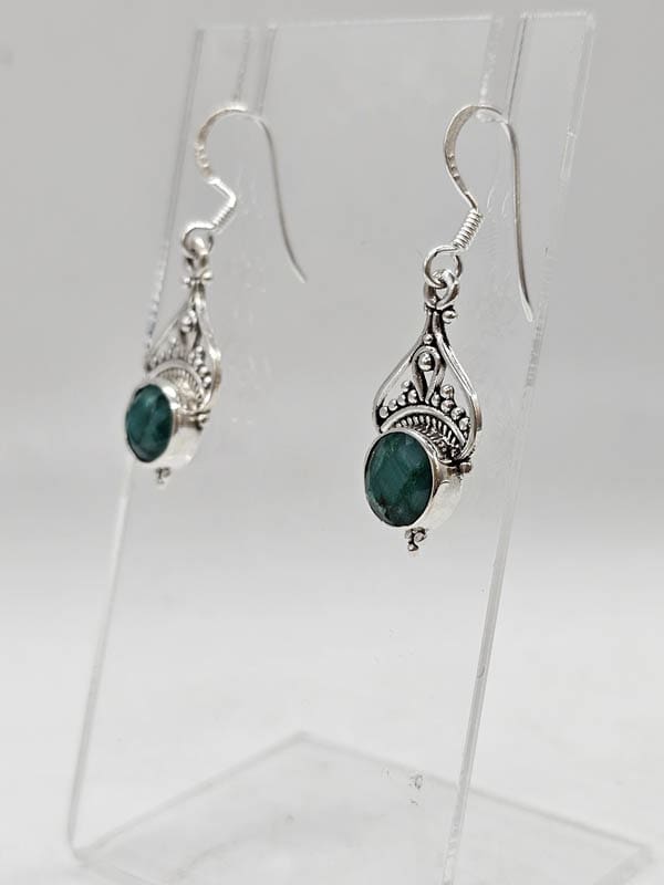 Sterling Silver Emerald Round Ornate Bezel Set Drop Earrings