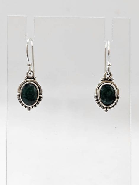 Sterling Silver Sapphire Oval Ornate Bezel Set Drop Earrings