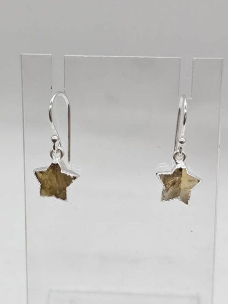 Sterling Silver Citrine Carved Star Bezel Set Drop Earrings