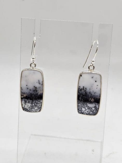 Sterling Silver Dentritic Agate / Dendrite Agate Bezel Set Rectangular Drop Earrings