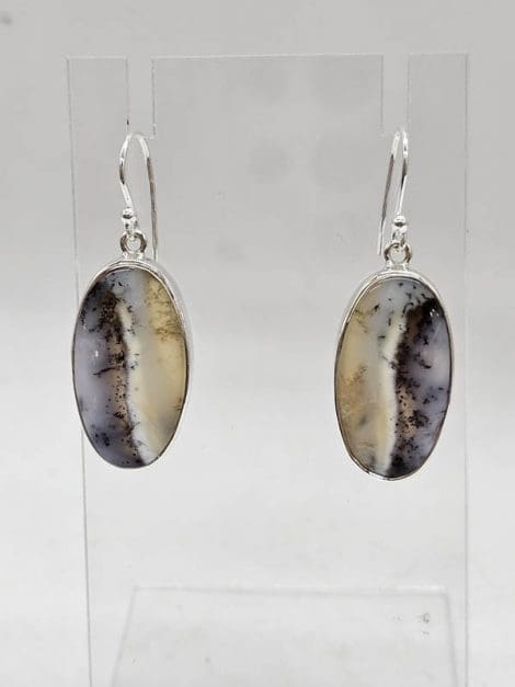 Sterling Silver Dentritic Agate / Dendrite Agate Bezel Set Oval Drop Earrings