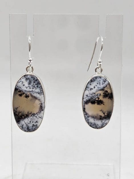 Sterling Silver Dentritic Agate / Dendrite Agate Bezel Set Oval Drop Earrings