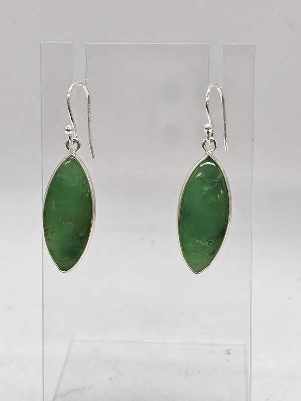 Sterling Silver Emerald Elongated Marquis Leaf Long Bezel Set Drop Earrings