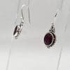 Sterling Silver Ruby Oval Ornate Bezel Set Drop Earrings
