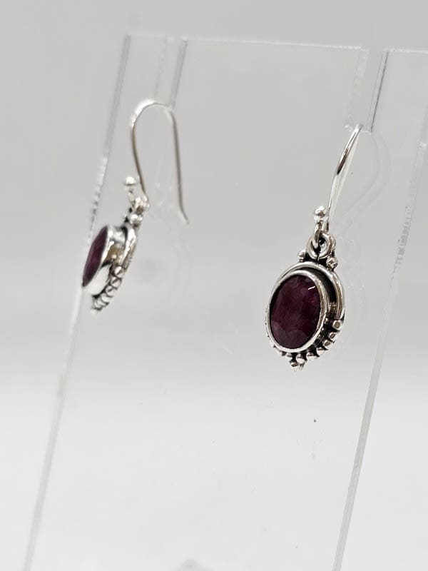 Sterling Silver Ruby Oval Ornate Bezel Set Drop Earrings