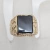 9ct Yellow Gold Onyx Rectangular Ornate Design Soldier / Knight Heavy Signet Ring - Gents Ring / Ladies Ring - Antique / Vintage