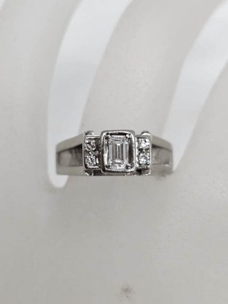 18ct White Gold Diamond Baguette Cut with Diamonds on Side Ring - Antique / Vintage
