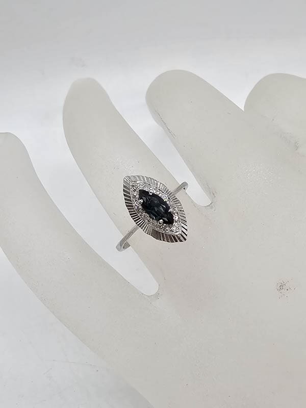 9ct White Gold Natural Sapphire and Diamond Elongated Marquis Shape Cluster Ring - Antique / Vintage