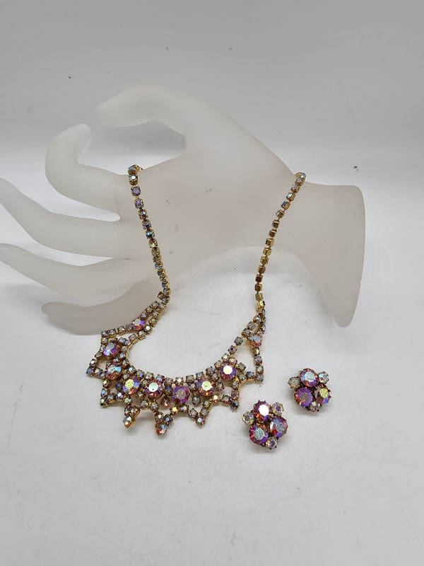 Plated Purple / Pink and Aurora Borealis Rhinestone Necklace / Chain with Matching Earrings Set - Vintage Costume Jewellery
