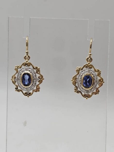 9ct Yellow Gold Created Sapphire and Diamond Ornate Oval Drop Earrings