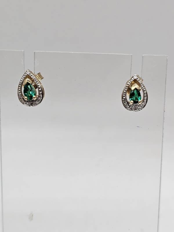 9ct Yellow Gold Created Emerald with Diamond Teardrop / Pear Shaped Studs Earrings