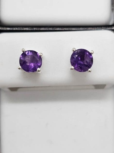 Sterling Silver Amethyst Round Claw Set Studs Earrings
