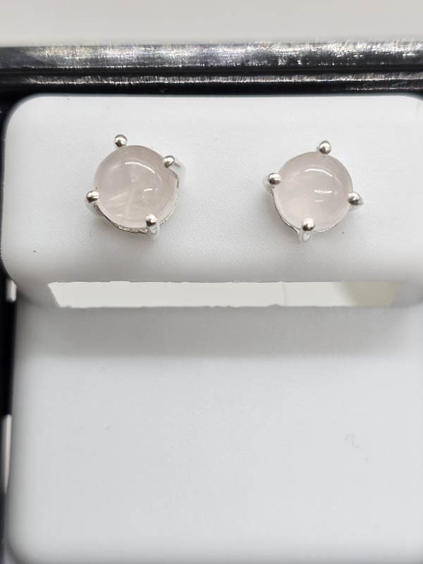 Sterling Silver Rose Quartz Round Cabochon Cut Claw Set Studs Earrings