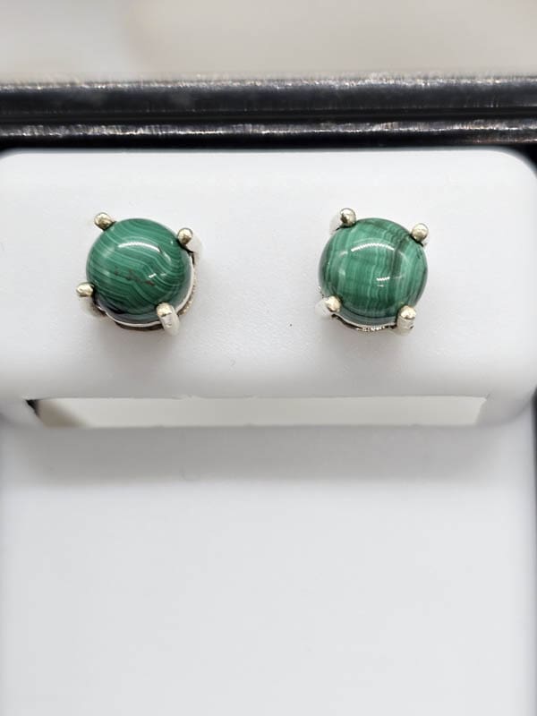 Sterling Silver Malachite Round Claw Set Studs Earrings