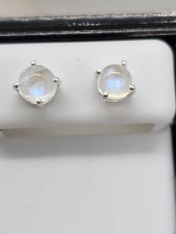 Sterling Silver Moonstone Round Claw Set Studs Earrings